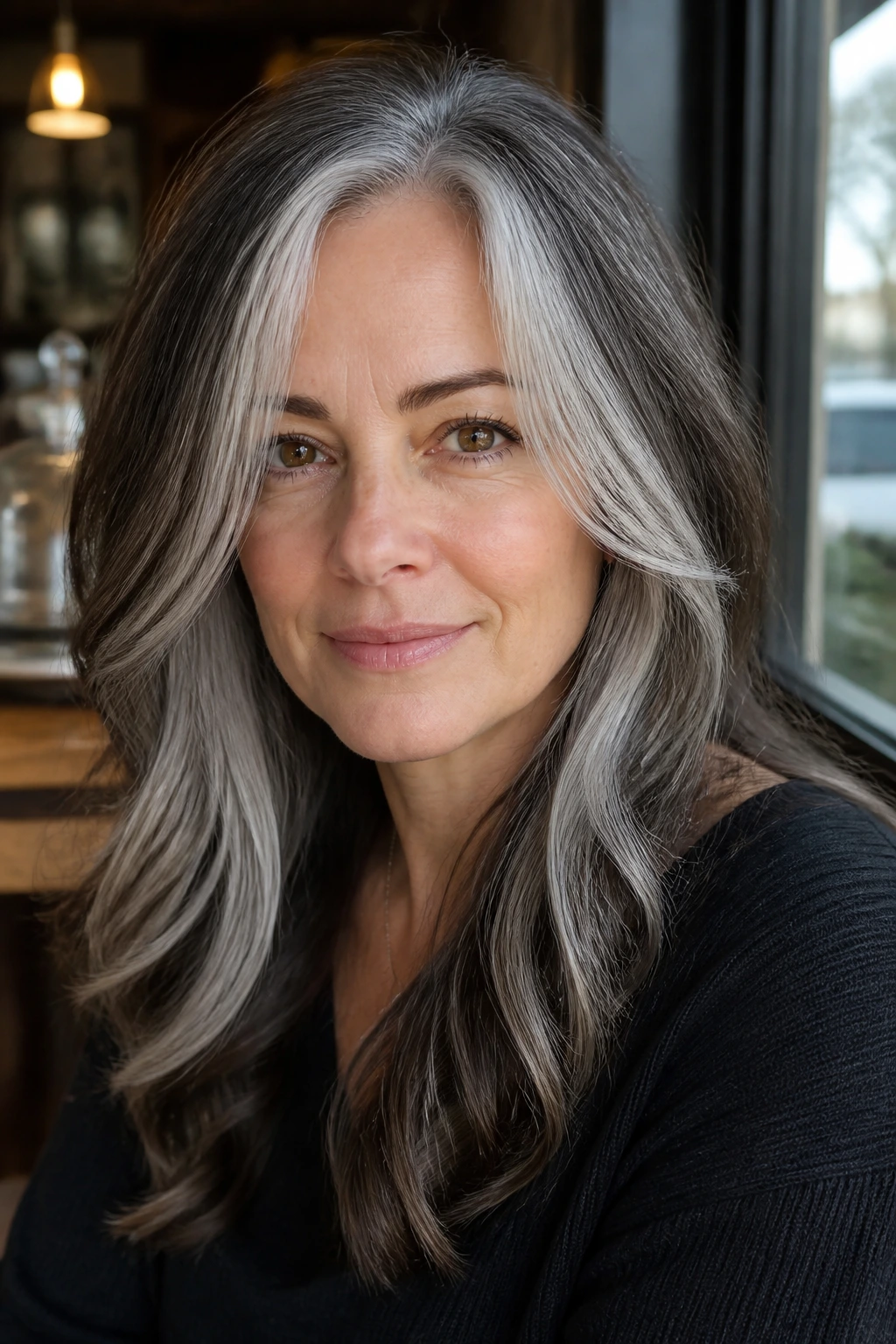 Close-up of a woman with front silver face-framing layers around the face.
