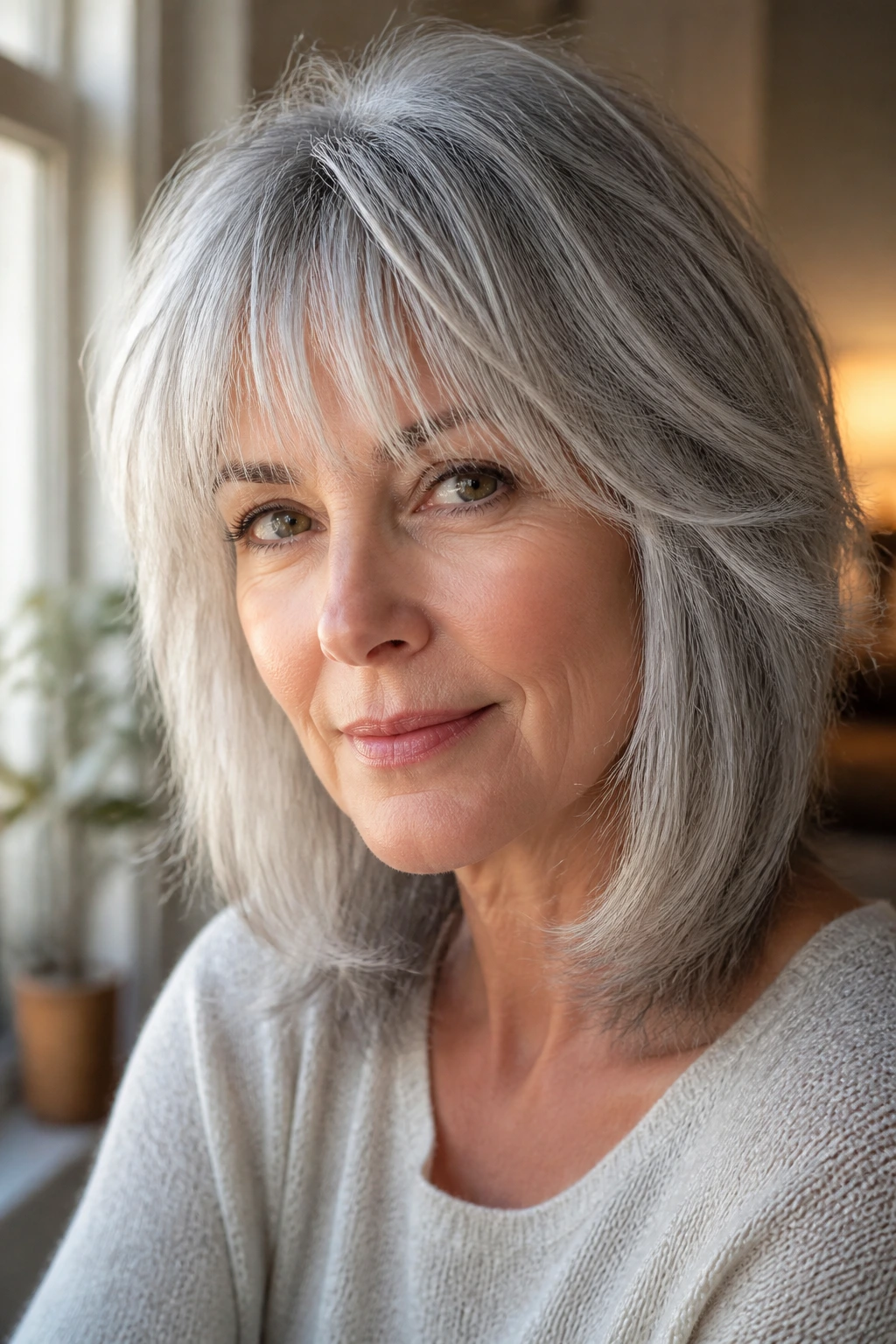 Close-up of a real woman with silver feathered bangs and soft layers in a warm home setting
