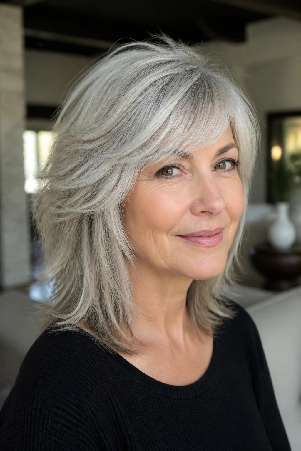 Portrait of a woman with silver feathered shag and side-swept fringe