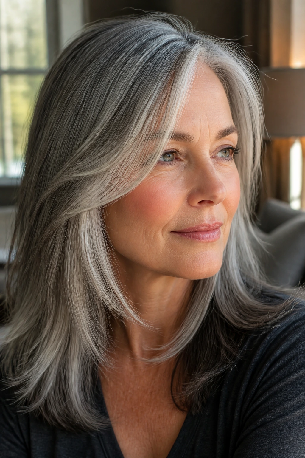 Close-up portrait of a real woman with front-swept silver highlights blending into gray hair