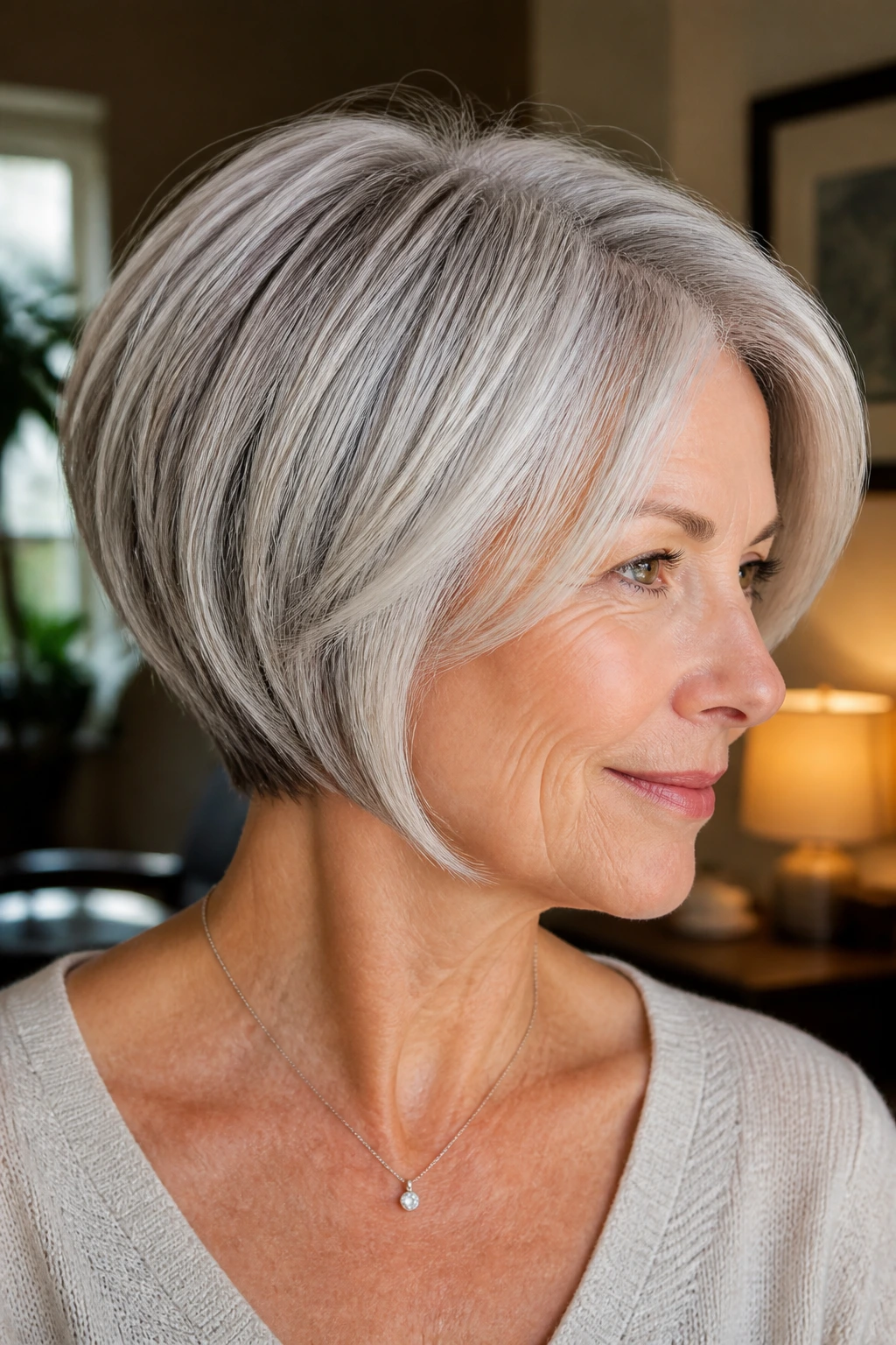 Portrait of an older woman with silver-first stacked bob in a warm home setting