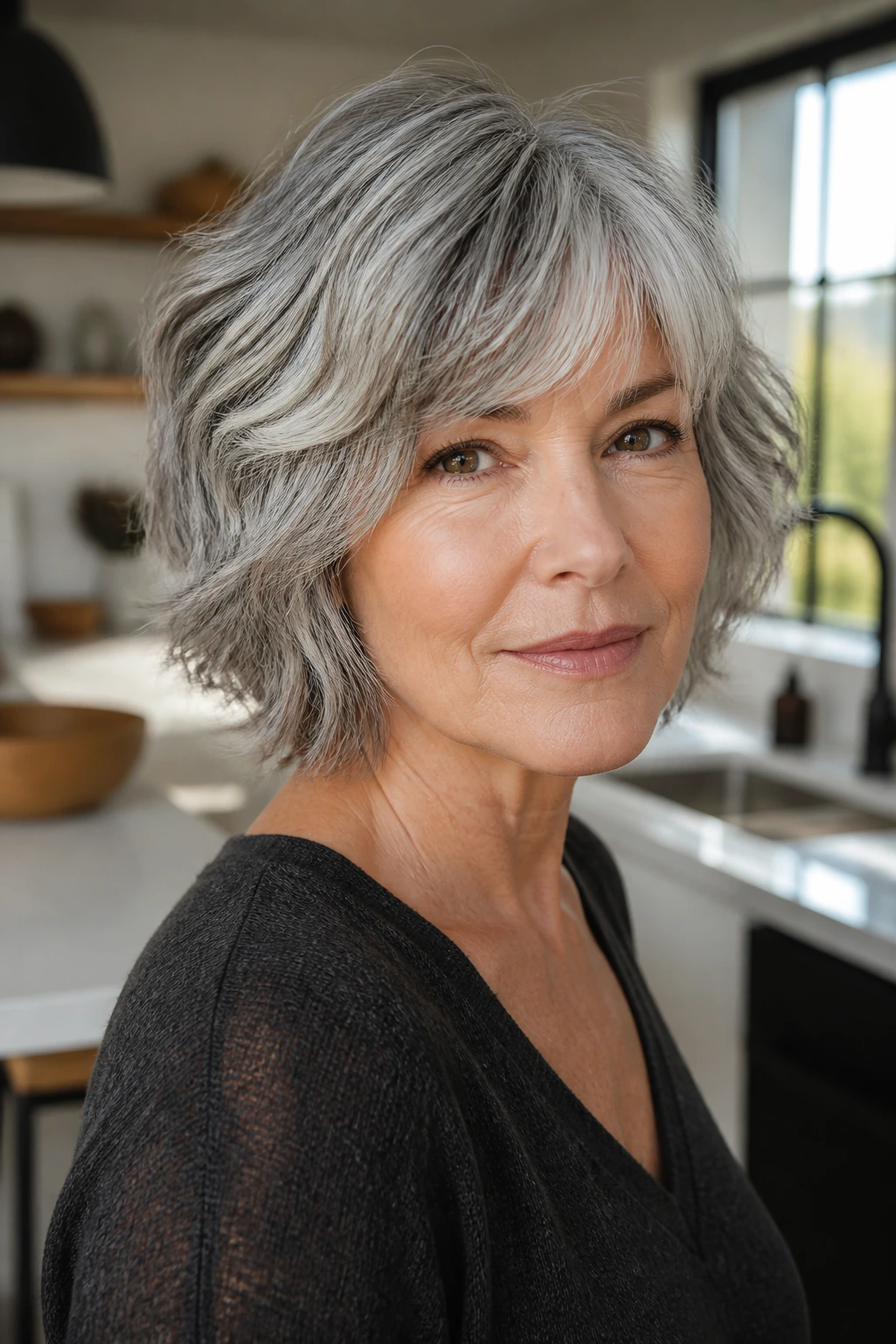 Close-up of a real woman with silver-forward shag catching light