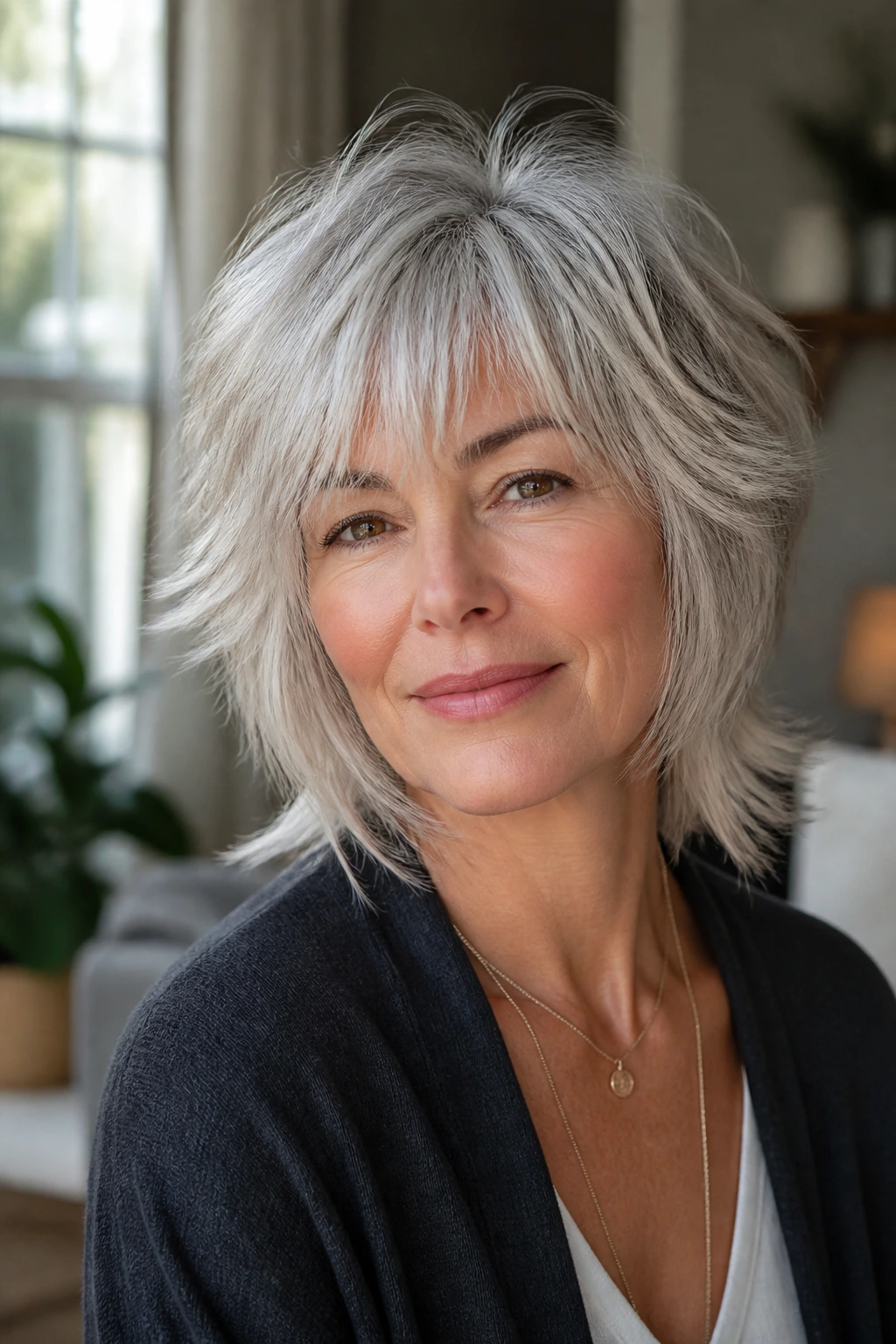 Close-up portrait of a real woman with silver-forward shag featuring soft fringe and crown texture.