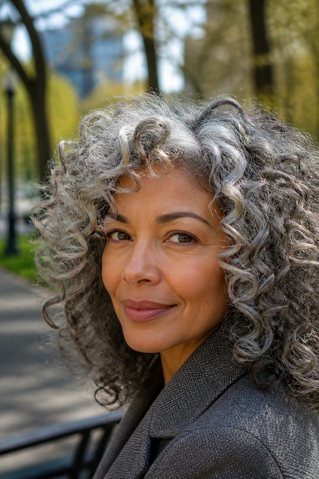 Close-up of a real person with silver fox blend curly hair.