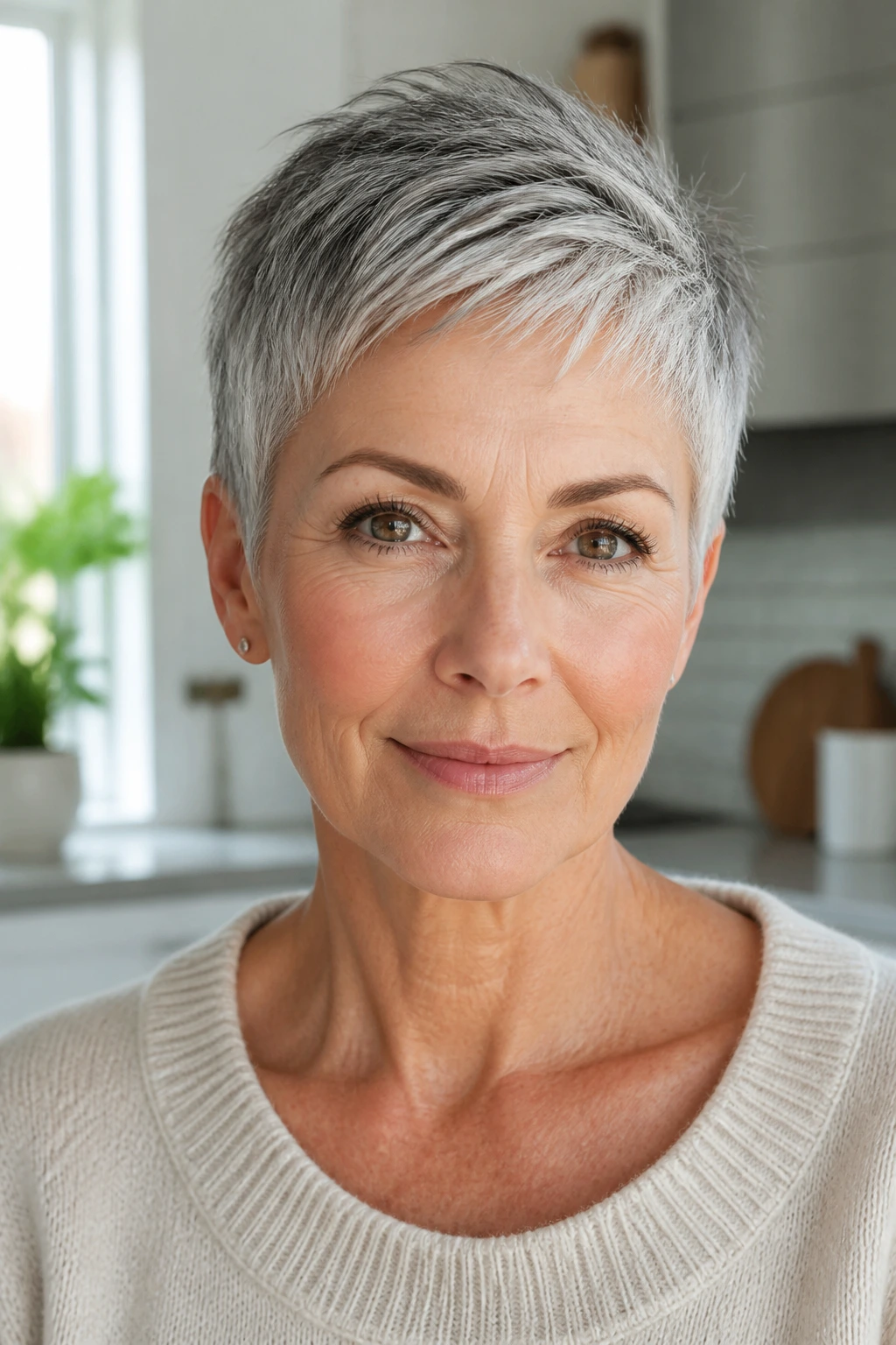 Portrait of a gray-haired woman with a silver fox crop and defined edges.