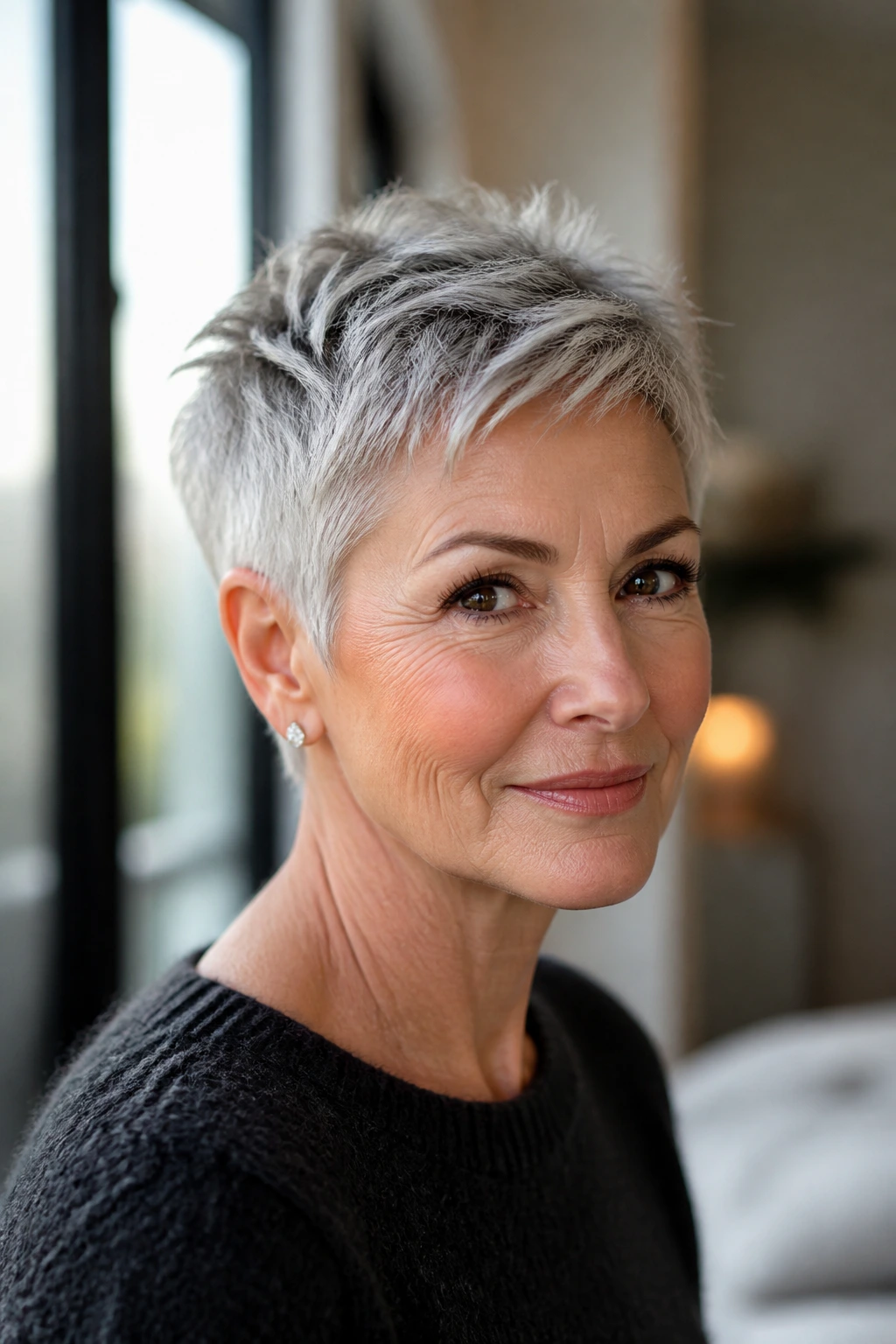 Close-up of a person with a short silver-gray crop blending natural gray
