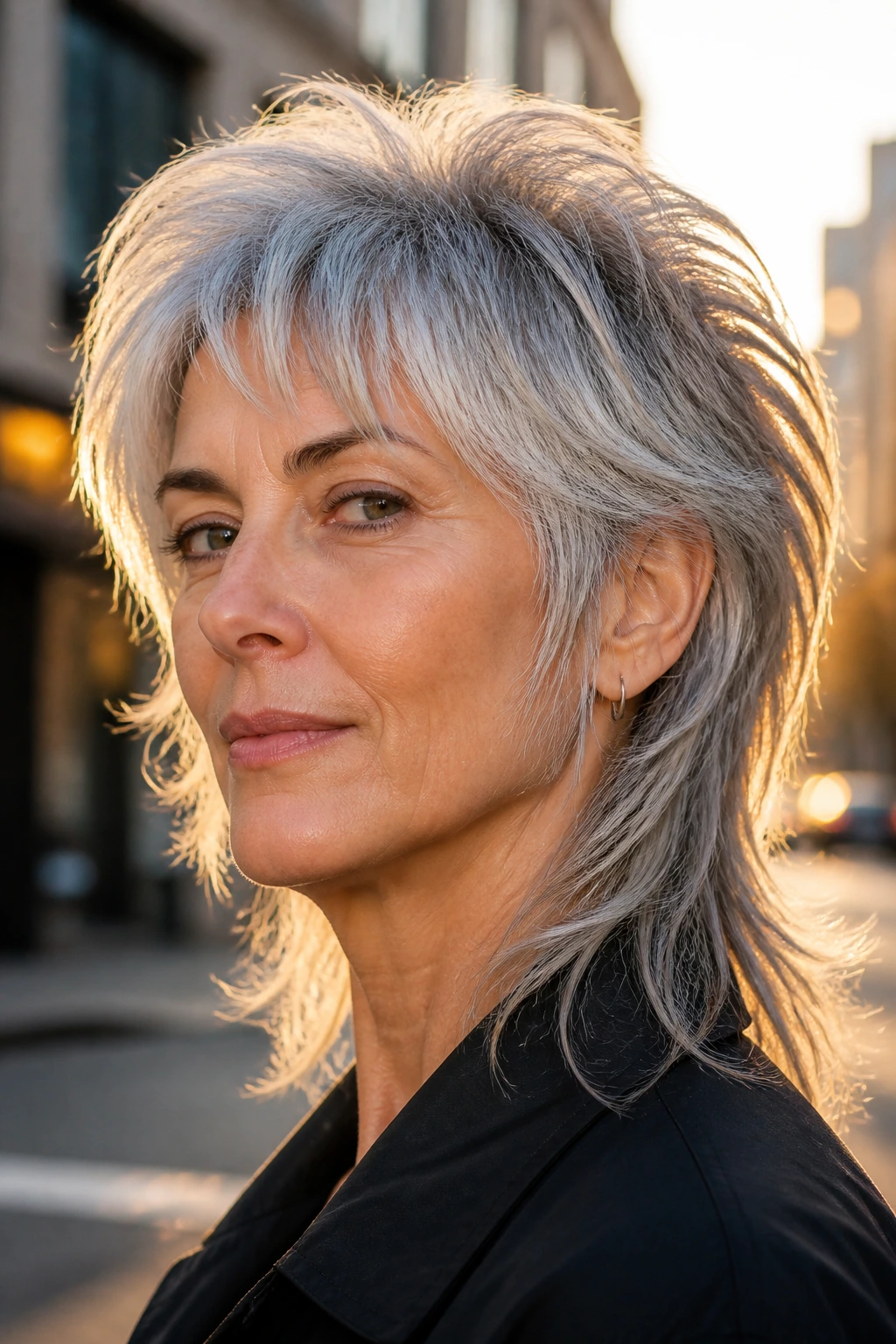 Portrait of a real woman with silver fox mullet in golden hour urban setting