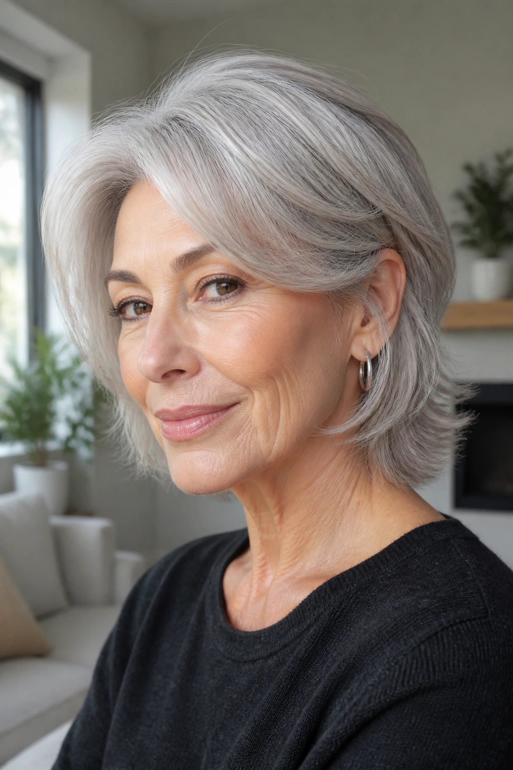 Close-up of a real person with silver fox shag and sleek, layered texture