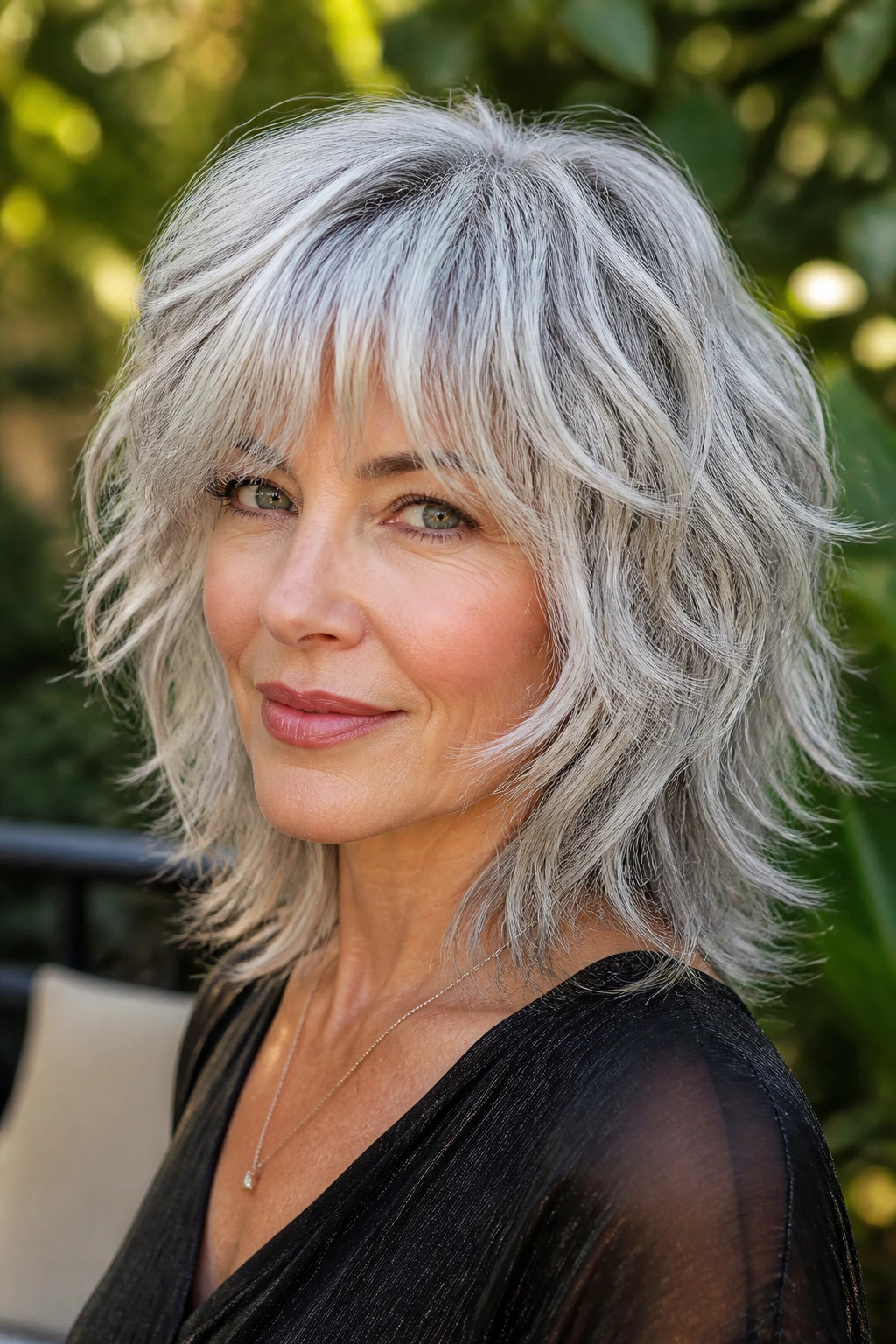 Close-up portrait of a real older woman with silver fox shag and crisp layers