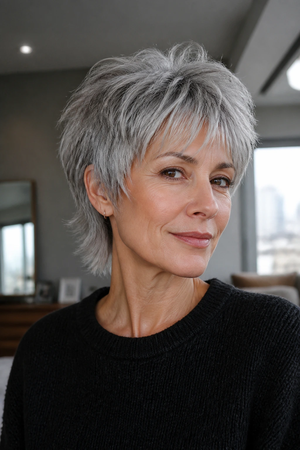 Close up of real person with silver fox wolf cut under chic interior lighting
