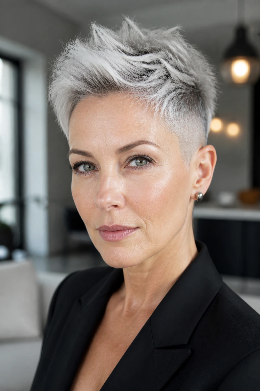 Close-up portrait of a real person with silver frosting undercut pixie and textured top