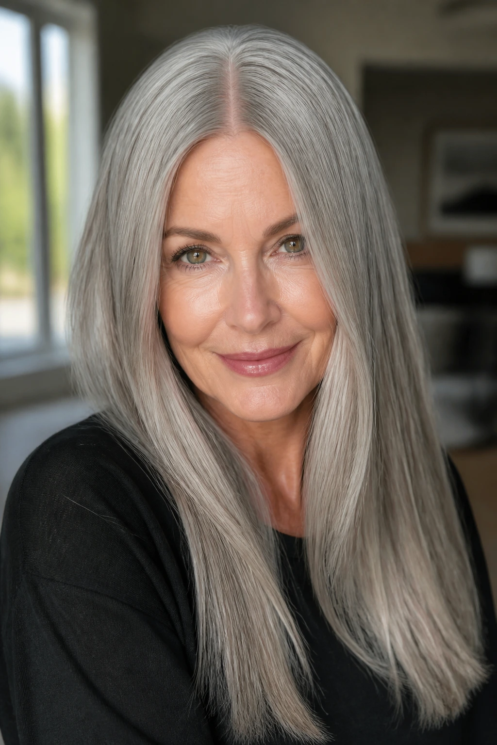 Real woman with silver-gray hair and clean center part, glossy finish in natural light