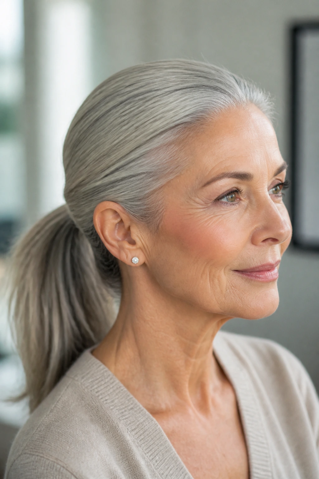 Close-up portrait of a woman with a silver glow ponytail
