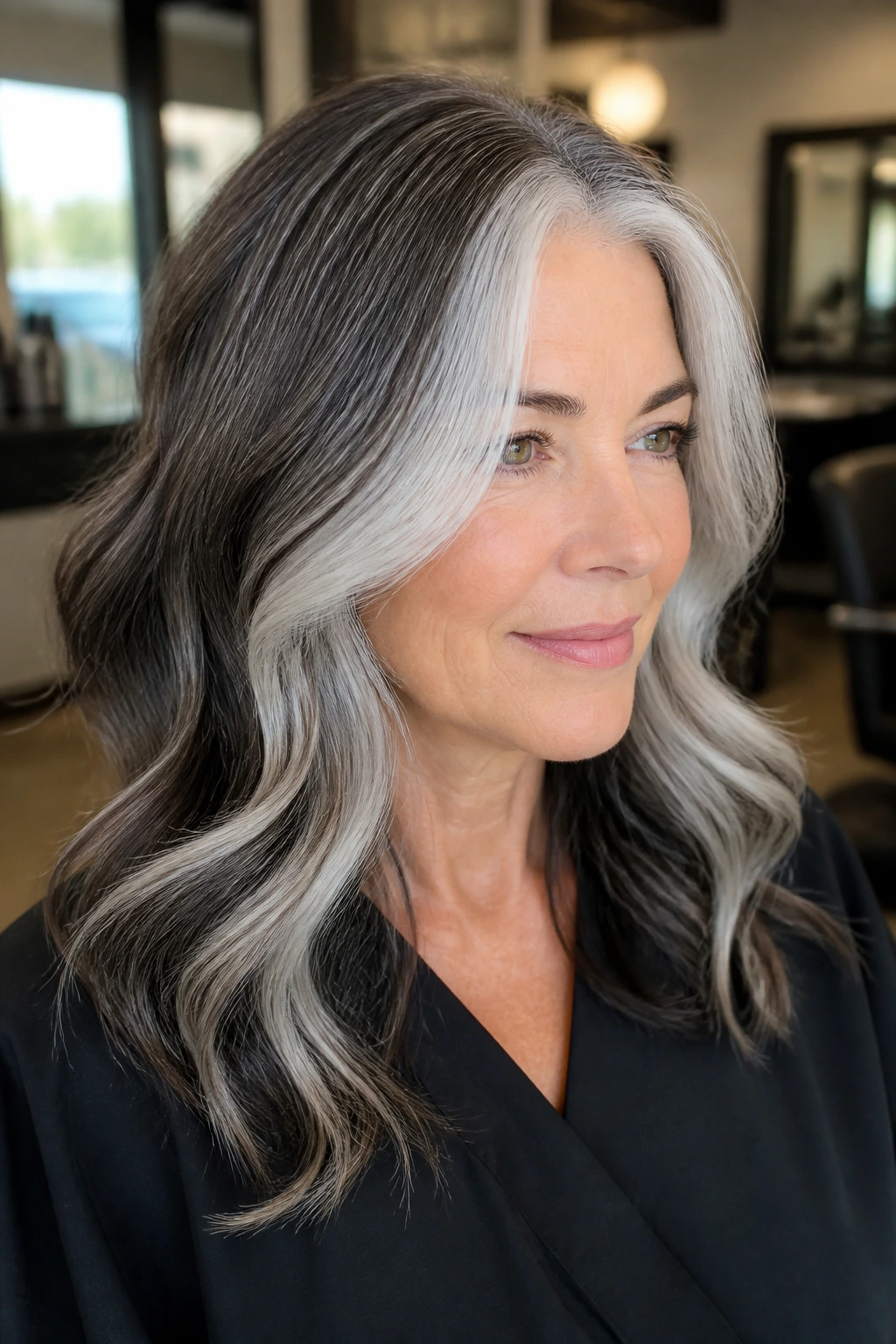 Close-up of a real person with icy silver face frame blending gray hair