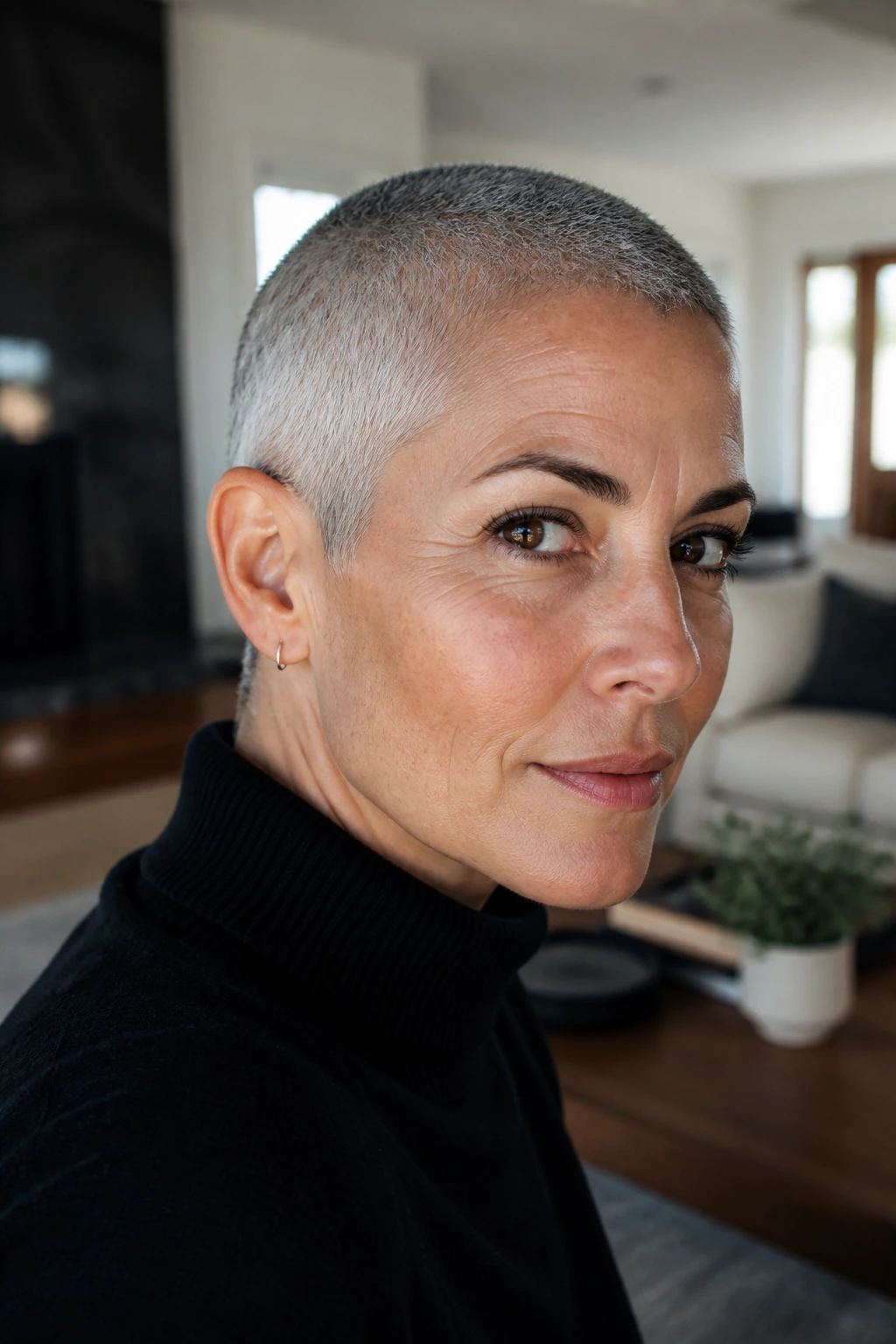 Close-up of a real person with silver-gray buzz showing crisp edges