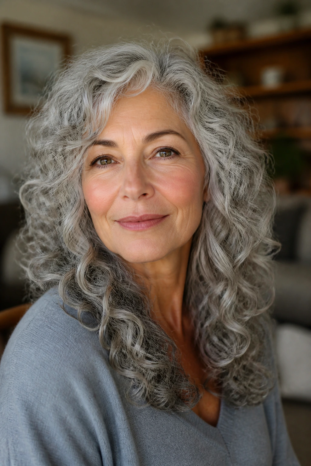 Close-up of silver-gray curls with layered shape and glossy finish.