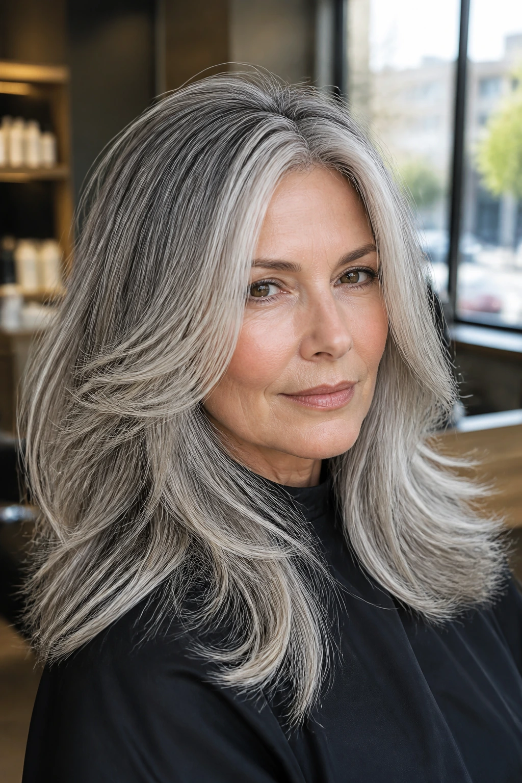 Close-up portrait of a real person with silver-gray hair showing depth and root shadow