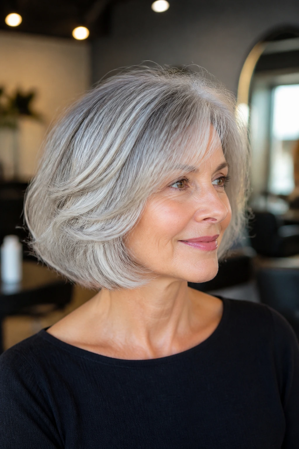 Close-up of a real person with a silver feathered bob on gray hair.
