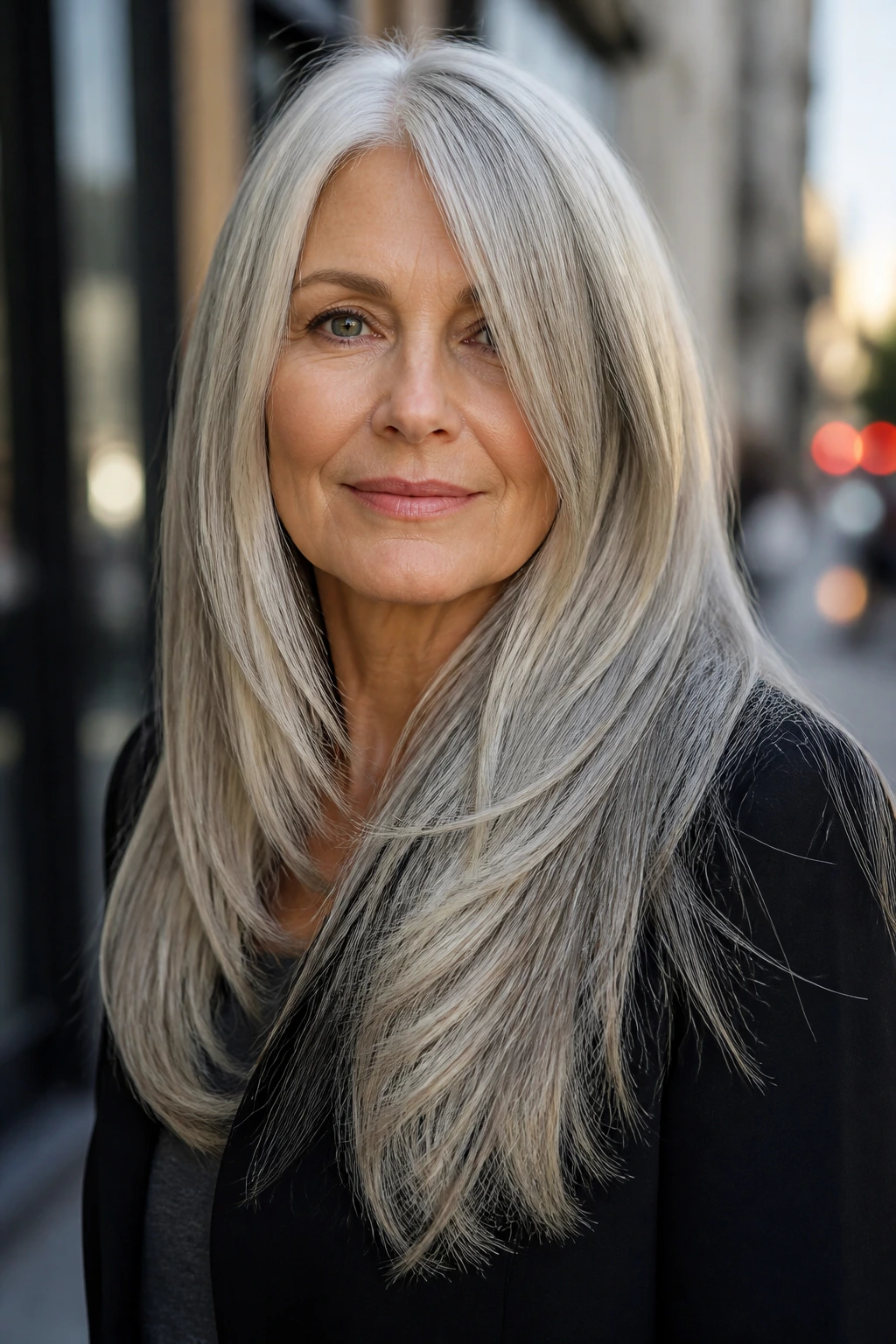 Portrait of a woman with silver gray hair and long clean layers in bright daylight