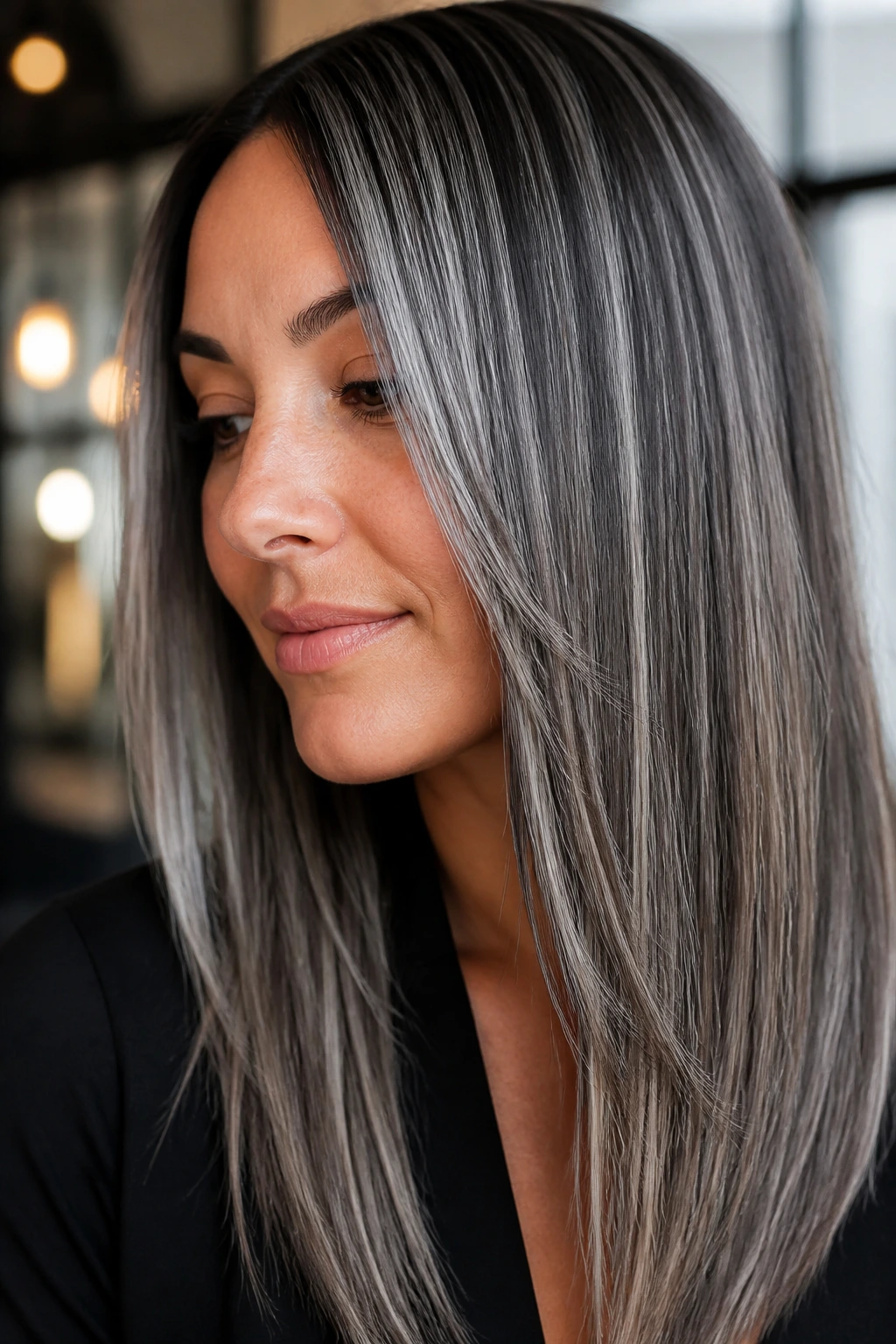 Close-up of straight hair with silver-gray ribbons for a cool metallic look