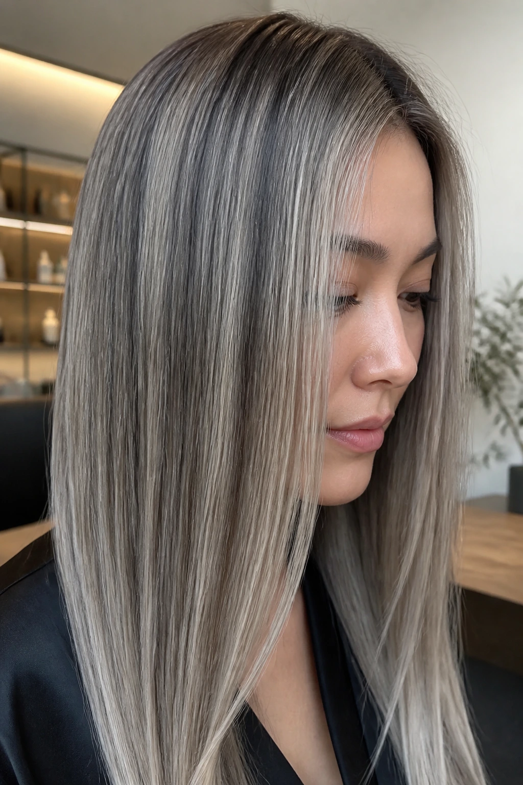 Close-up of a real woman's straight hair with silver-gray ribbons