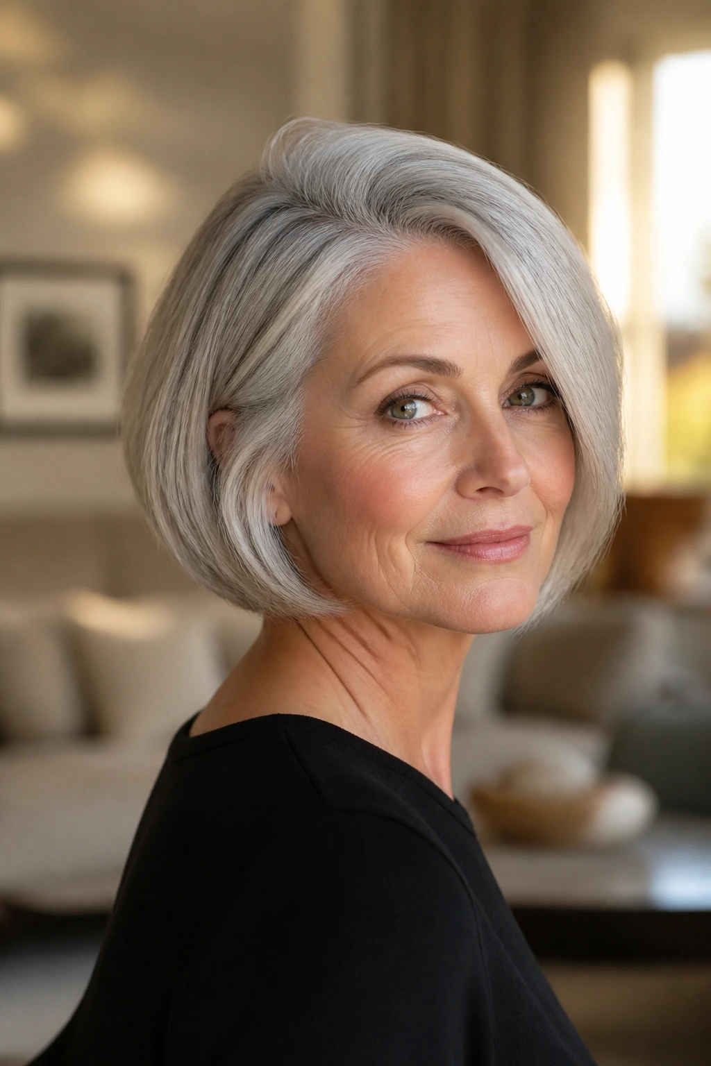 Portrait of a real woman with a silver bob showing variations through color-friendly styling