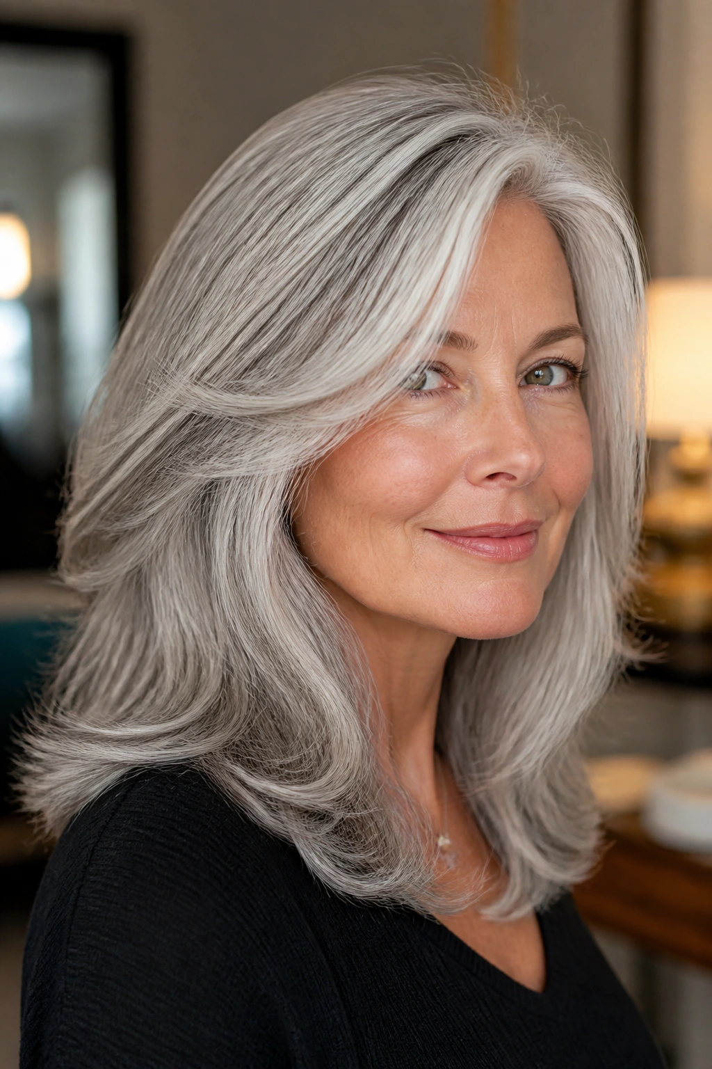 Portrait of a real person with silver layers and a soft blowout.