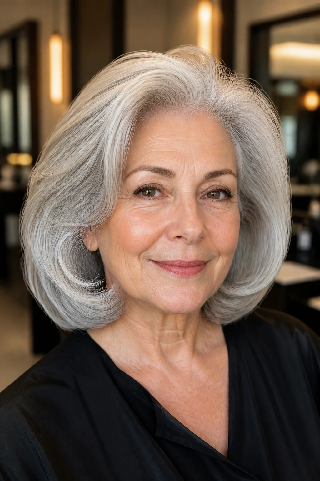 Close-up of a senior woman with a silvery blowout and rounded volume.