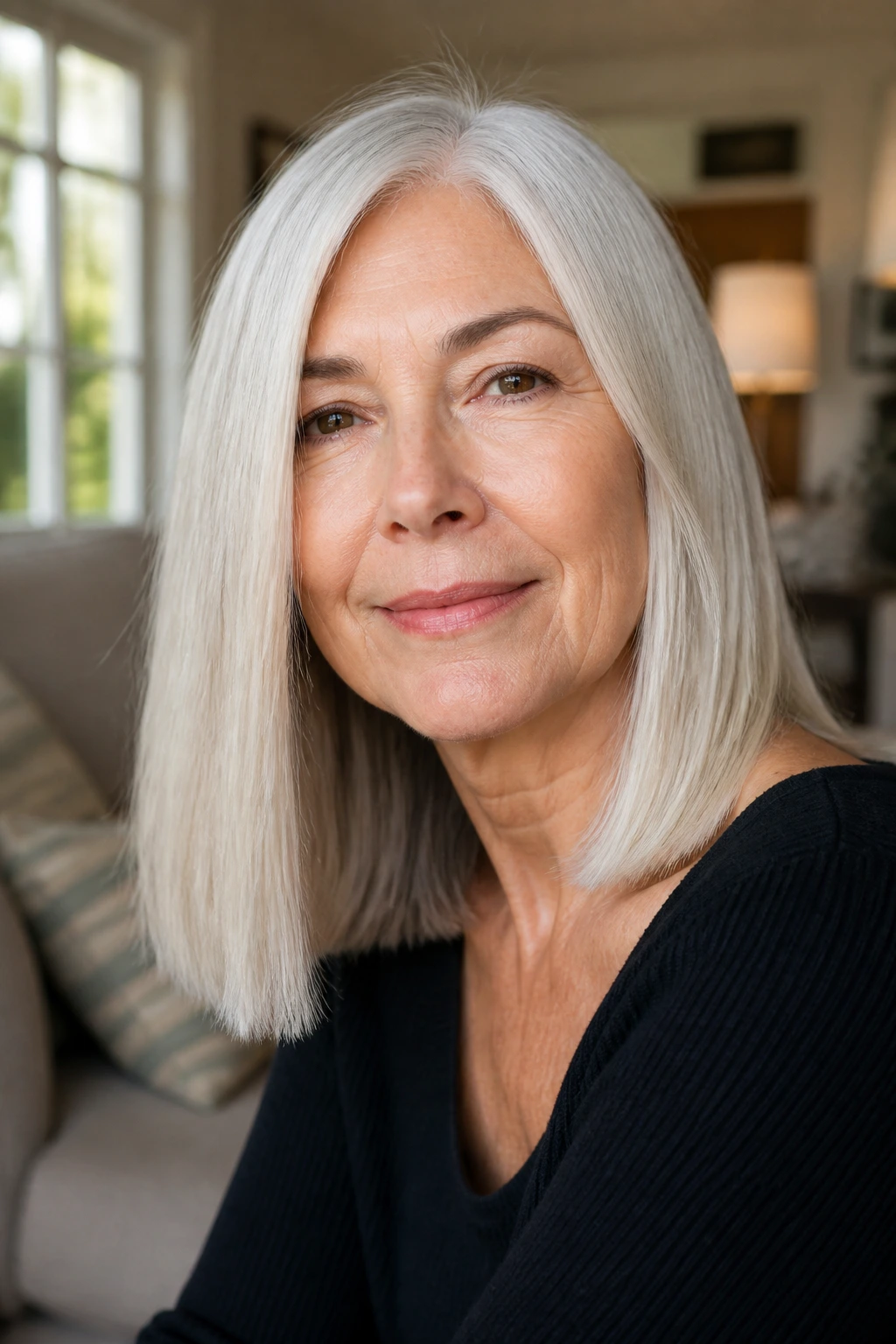 Close-up of a silver-haired woman with blunt-cut hair in a sunlit living room