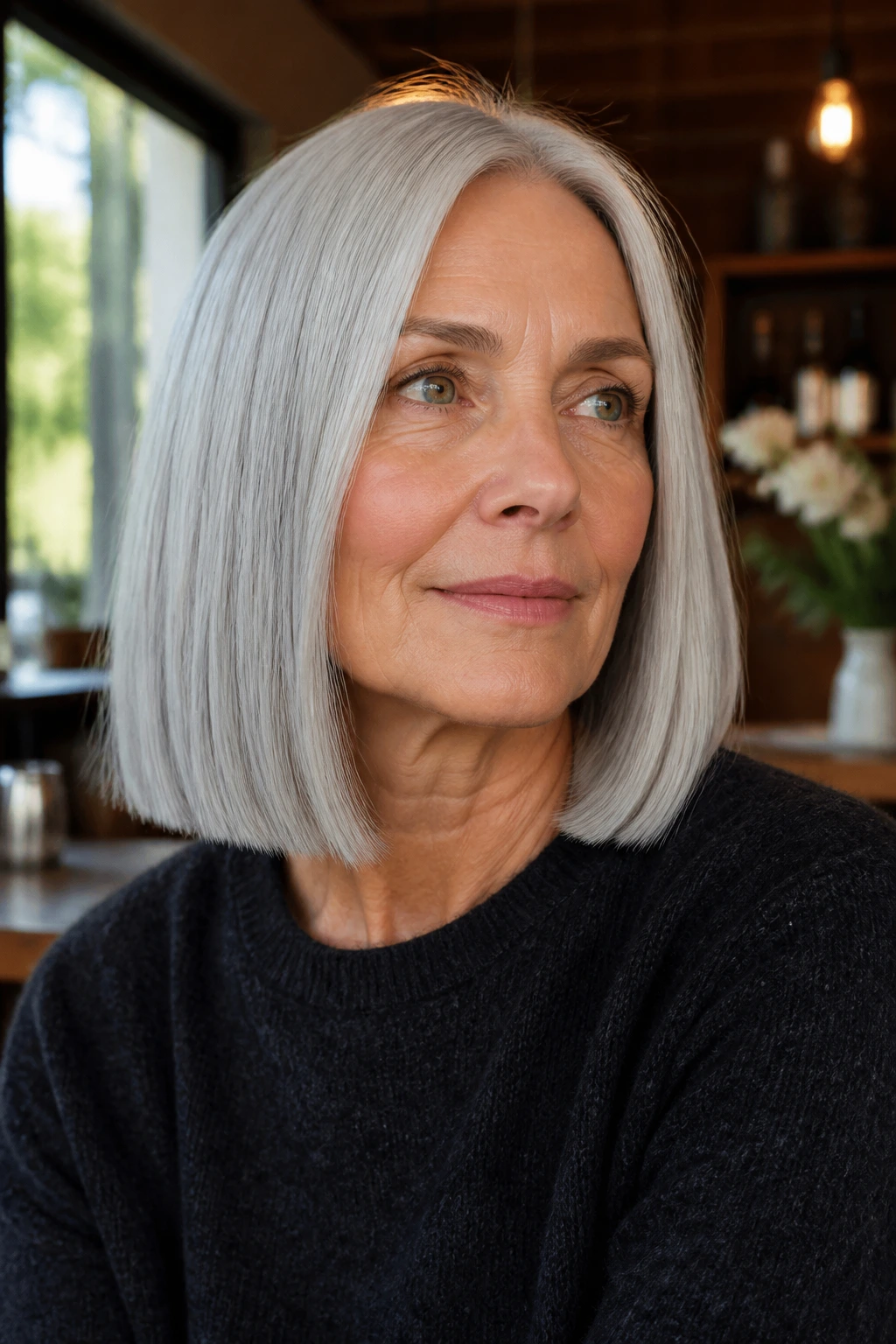 Close-up portrait of a real woman with a blunt silver lob and clean ends, collarbone-length silver hair in cafe lighting