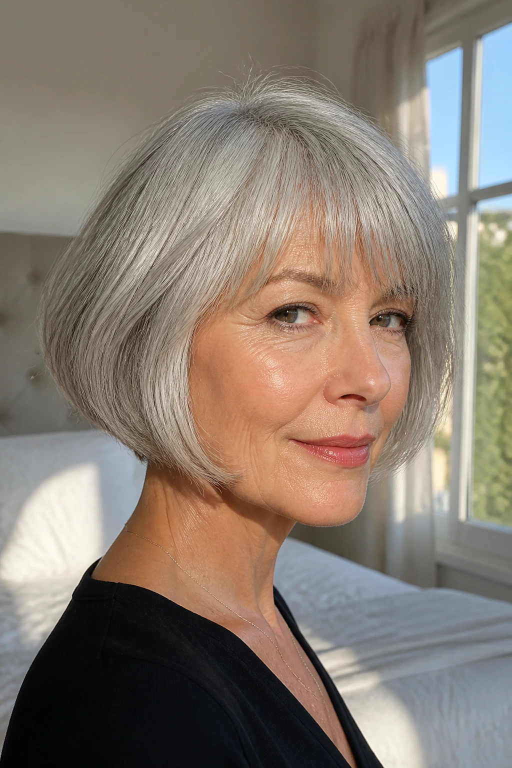 Portrait of a real woman with a French Bob with Soft Ends and silver hair, jaw-length, natural window light