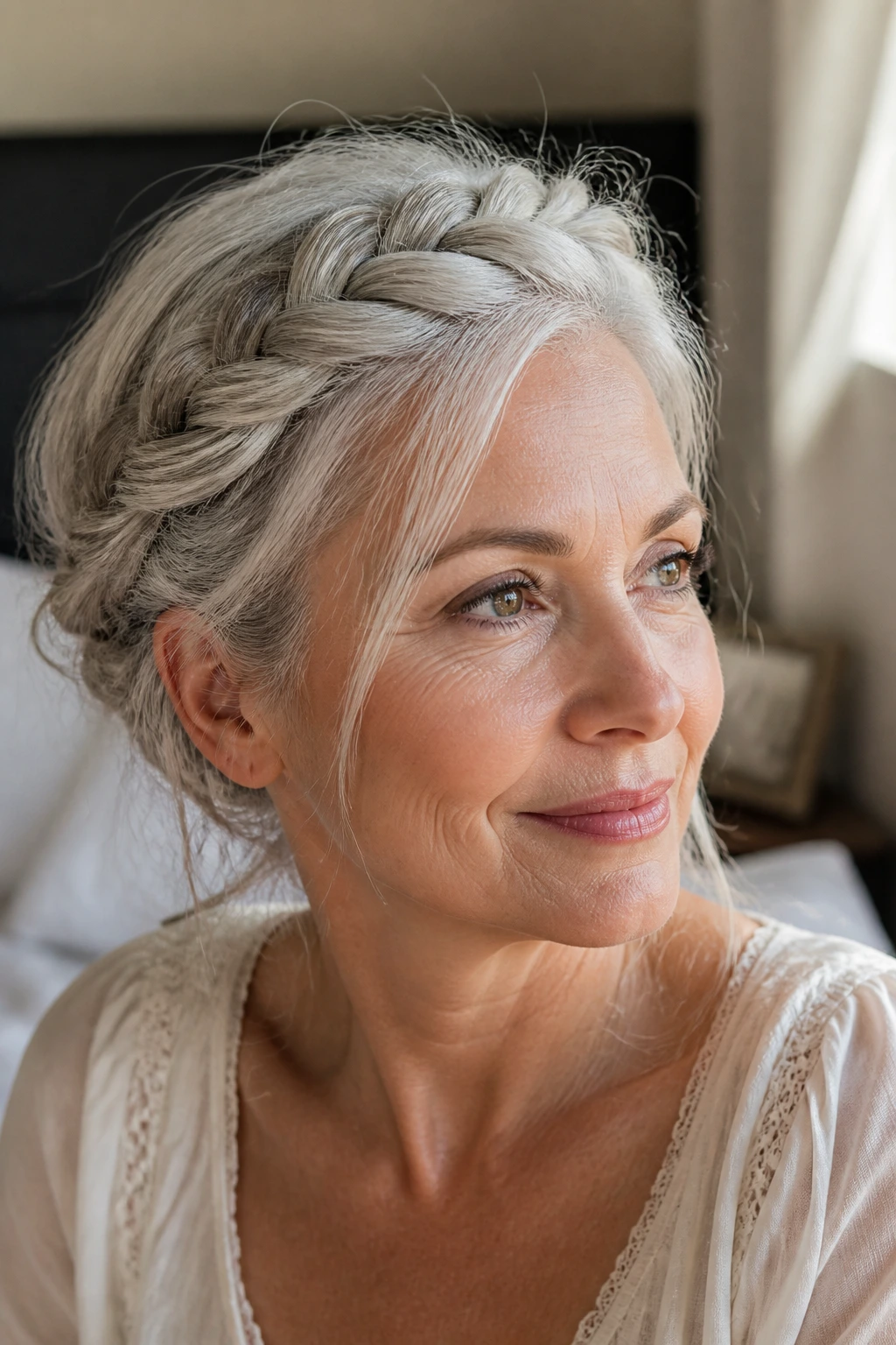 Close-up of a real woman with a braided crown on silver hair in warm window light