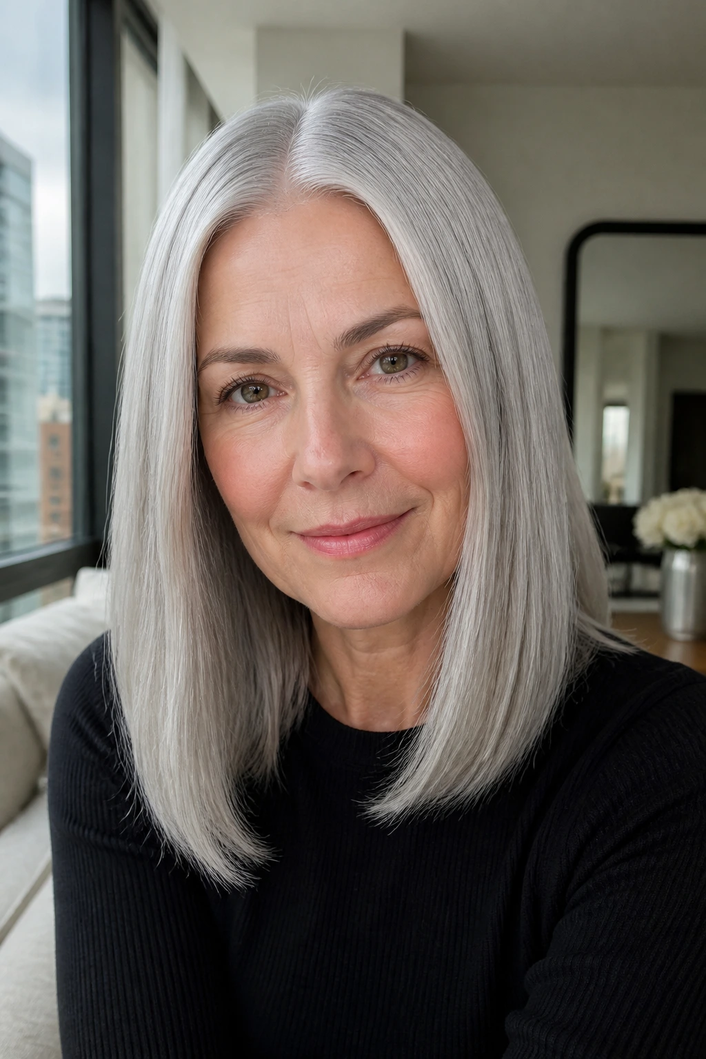 Close-up of real woman with sleek center-parted silver hair