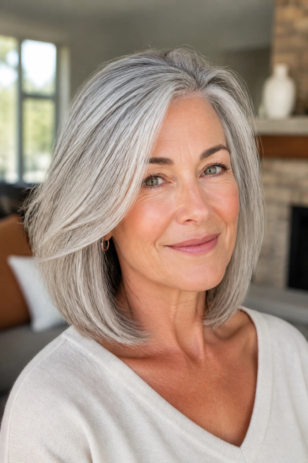 Portrait of a silver-haired woman with a clean, crisp mid-length cut and shine.