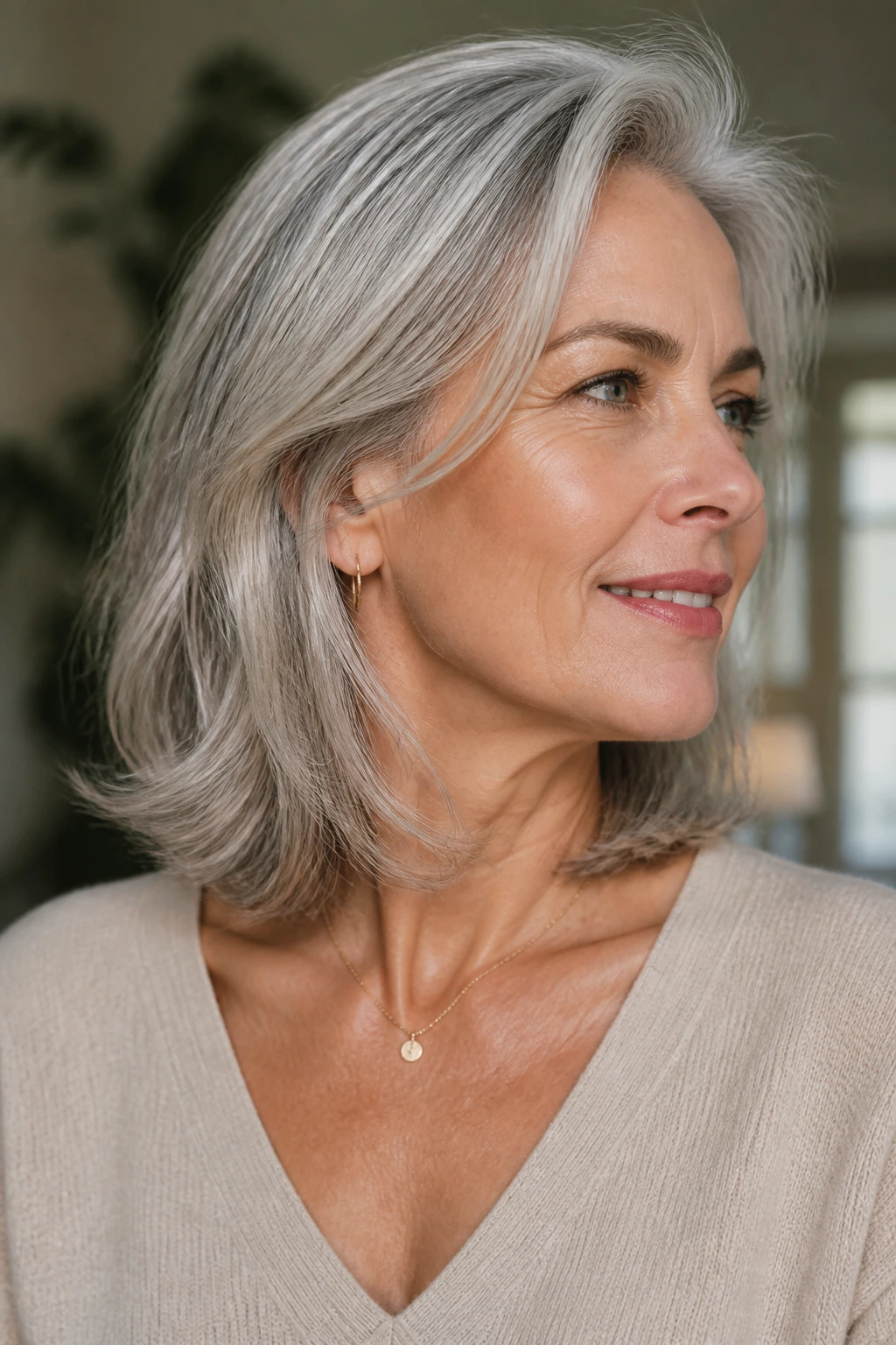 Close-up of a woman with collarbone-length soft silver layered gray hair in natural light