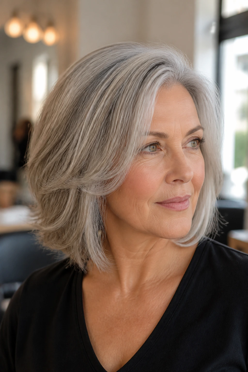 Portrait of a woman with smart cut and silver-gray color