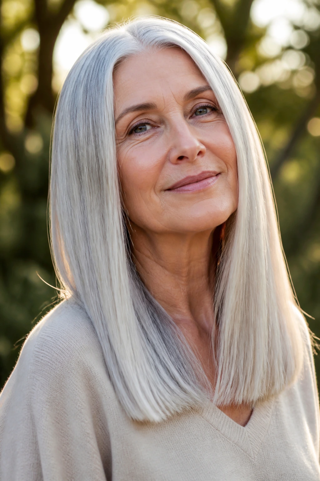 Close-up portrait of a silver-haired woman with crisp blunt ends in natural outdoor light.