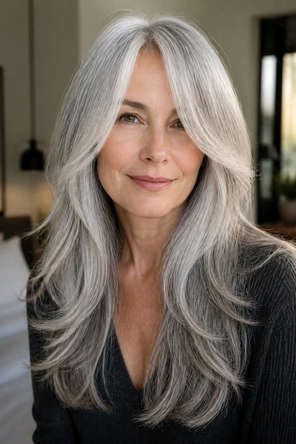 Portrait of a real woman with long silver curtain layers framing her face