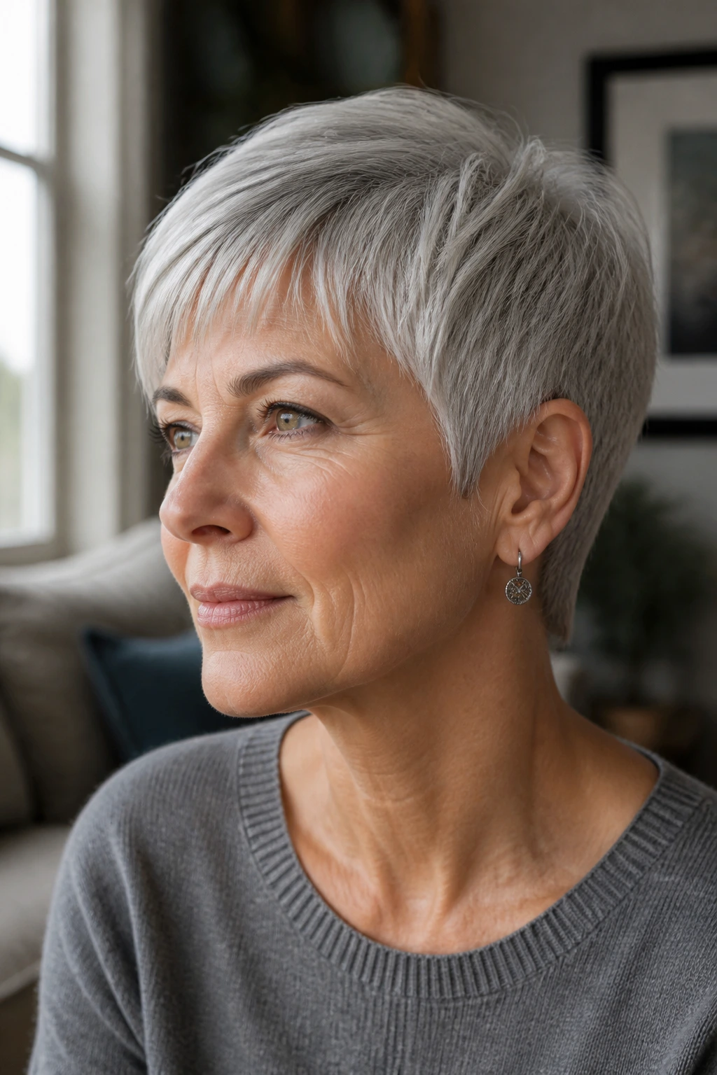 Portrait of a silver-haired woman with a bold, sharp cut and soft fringe