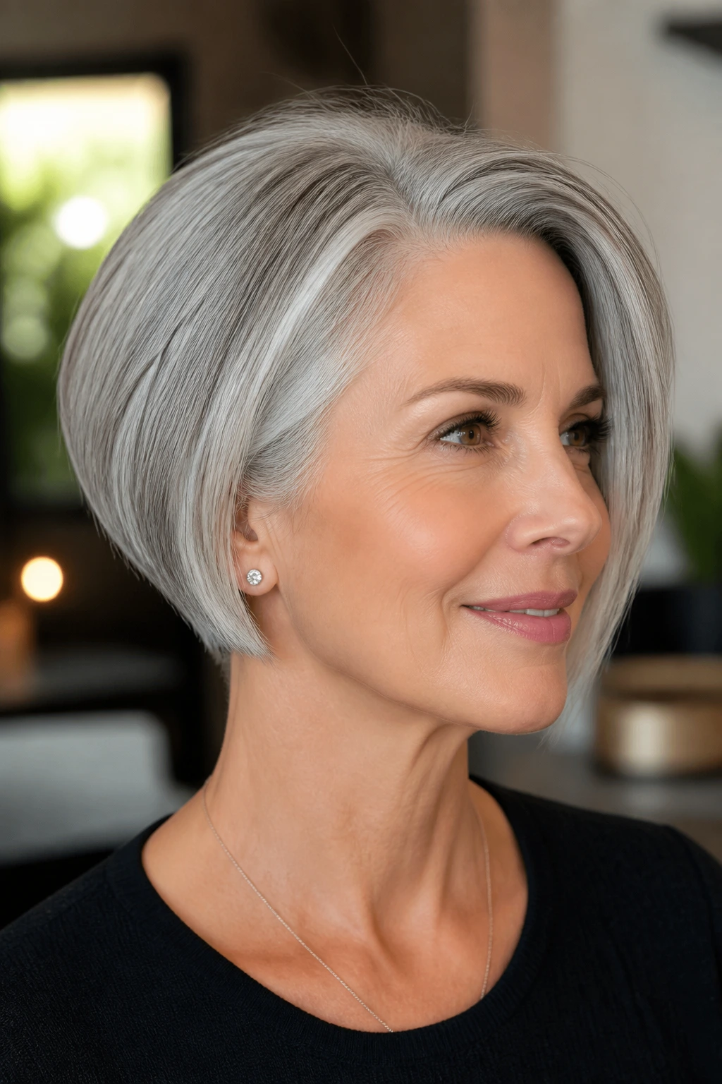 Close-up portrait of a real woman with short silver-gray hair showing lifted crown and sharp bob