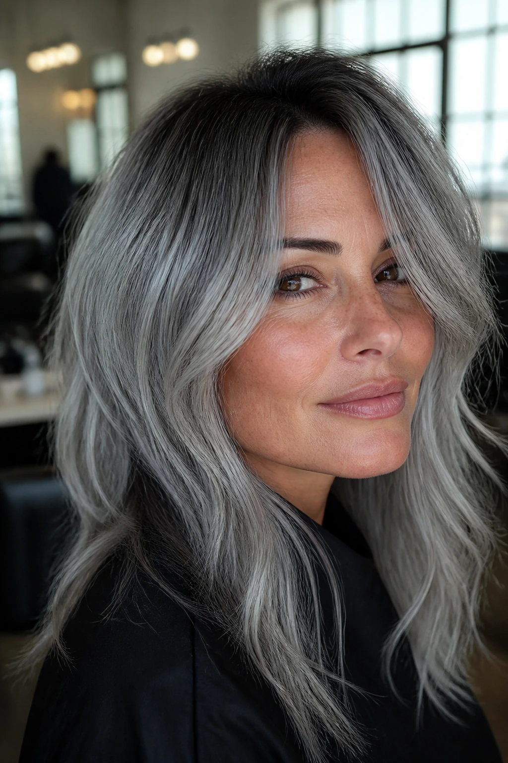 Close-up of a real person with depth-rich silver hair in a backstage salon