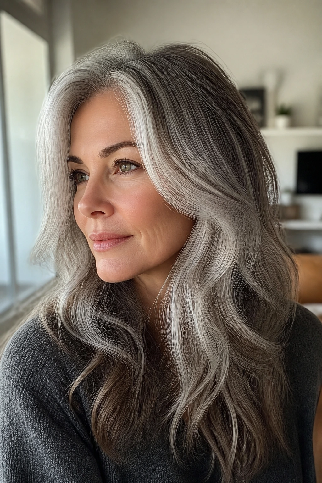 Close-up portrait of a real person with silver hair showing cool-root melt and smoky dimensional shading