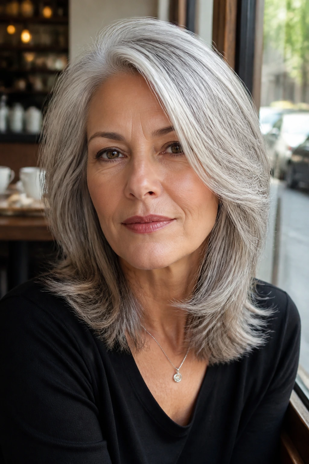 Close-up portrait of a real woman with a side-parted feathered silver midi cut