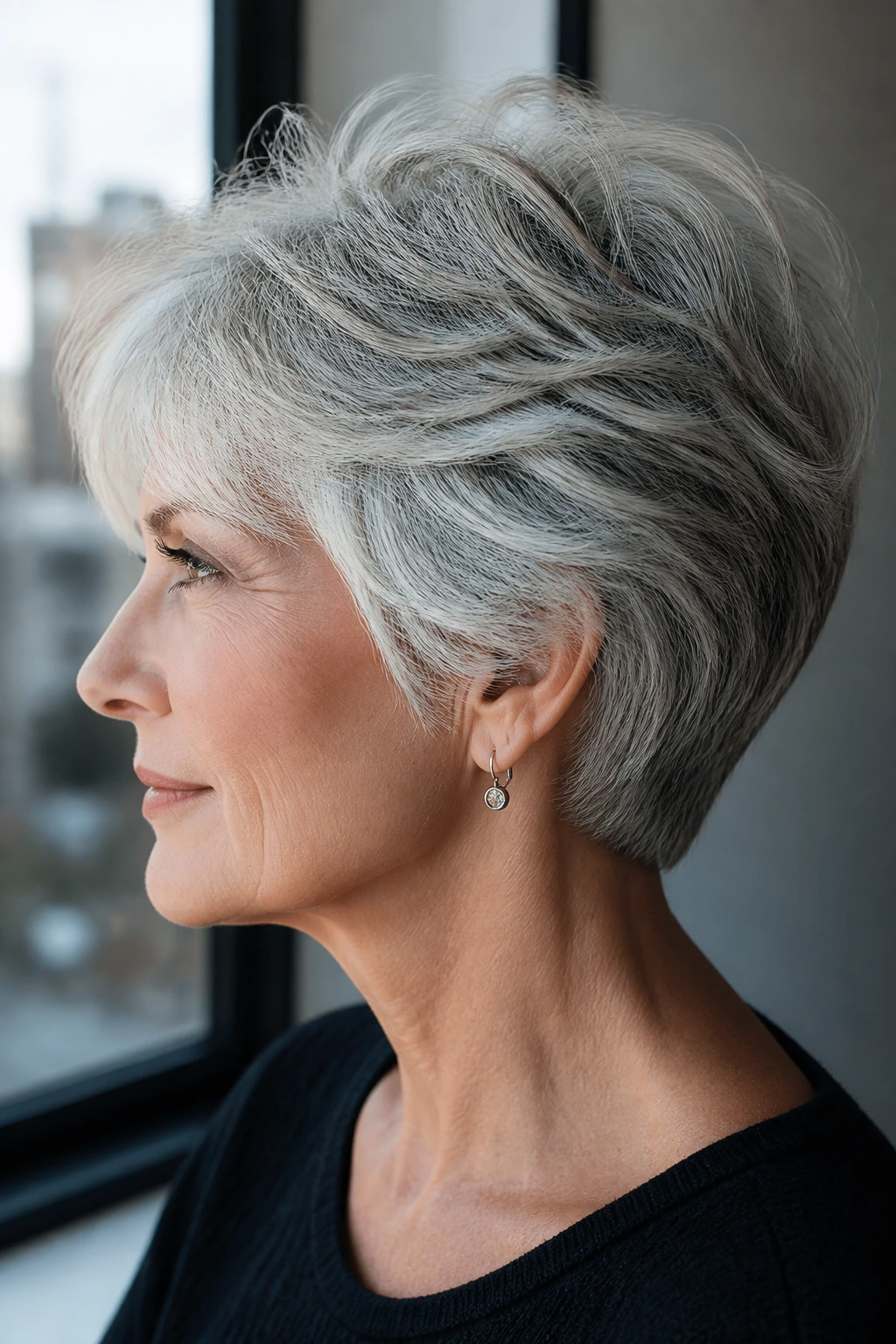 Close-up of real woman with silver feathered cut and rounded nape