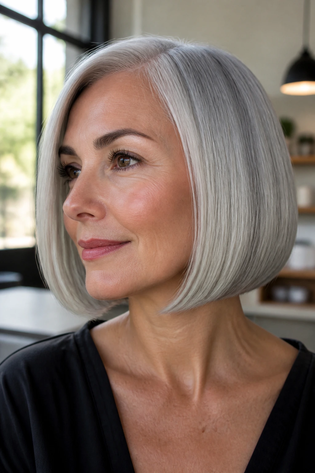 Portrait of a woman with a sleek silver bob in a bright interior