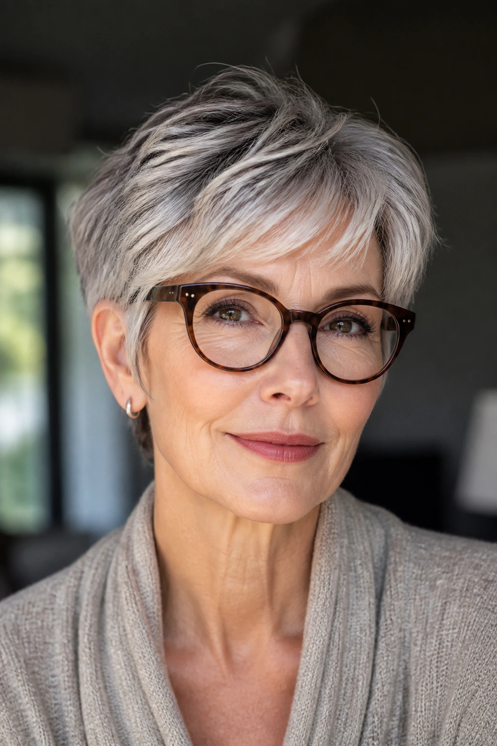 Portrait of a real woman with silver-gray hair and glasses