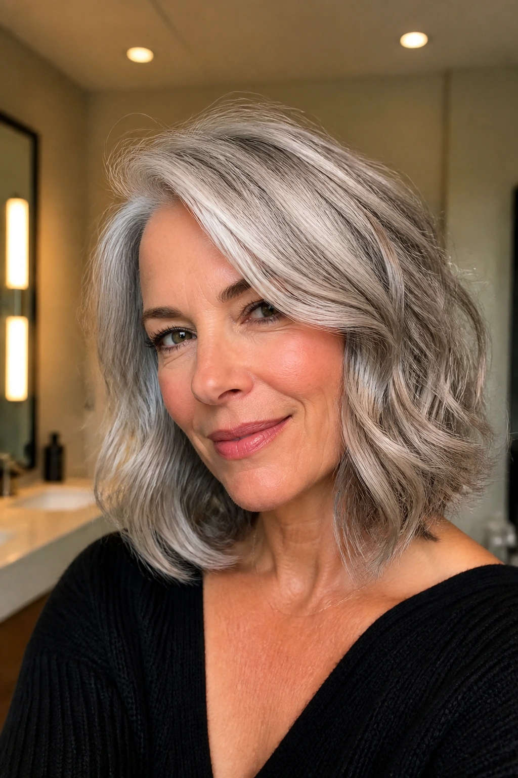 Close-up of a real person with shoulder-length silver hair showing high gloss and dimensional tones
