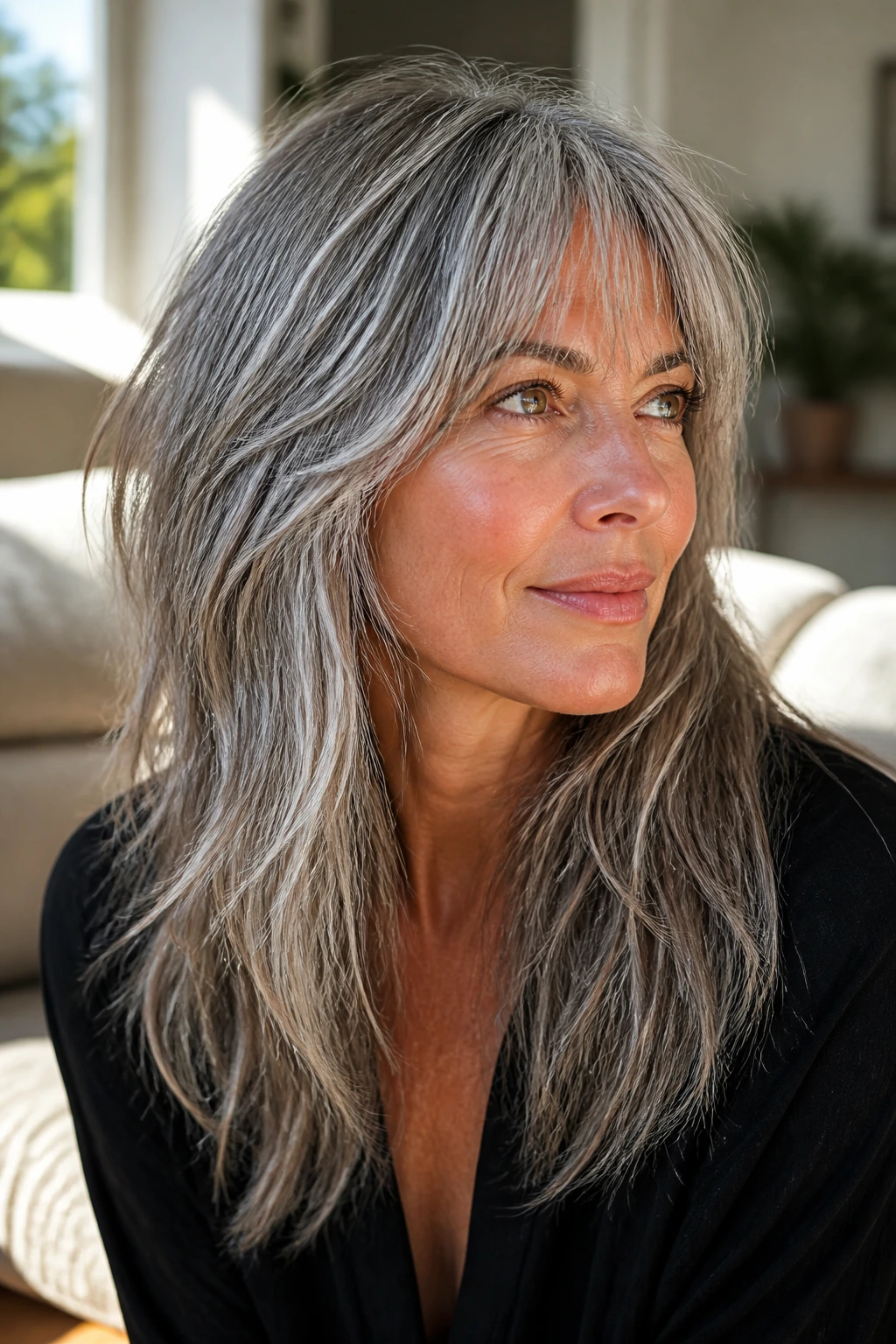 Close-up of a woman with silver-gray shag and lifted texture