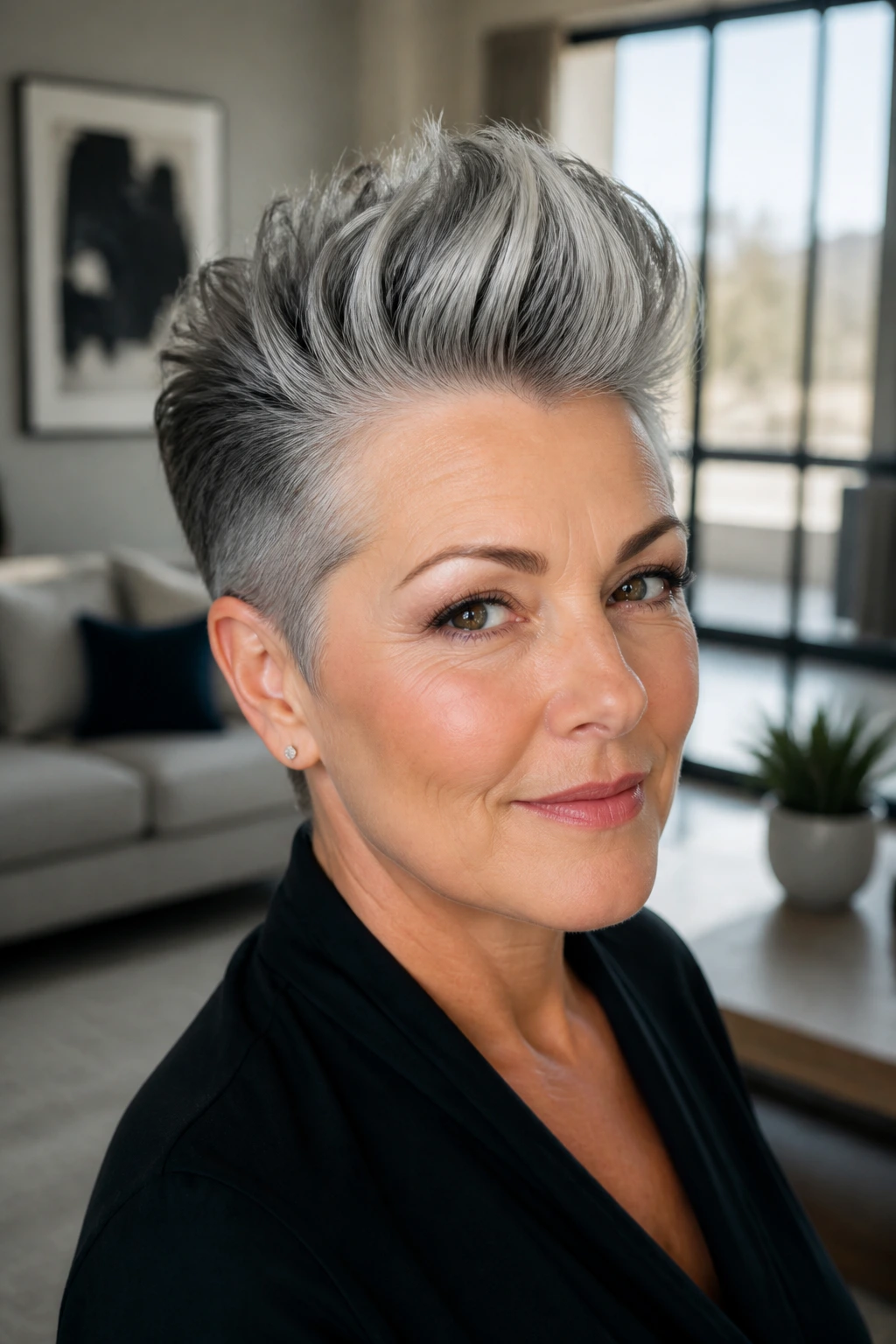Close-up portrait of a real woman with a silver-streak faux hawk in natural daylight.