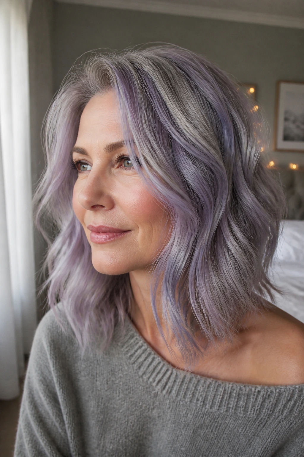 Close-up portrait of a real woman with shoulder-length silver hair and lavender overlay in soft waves